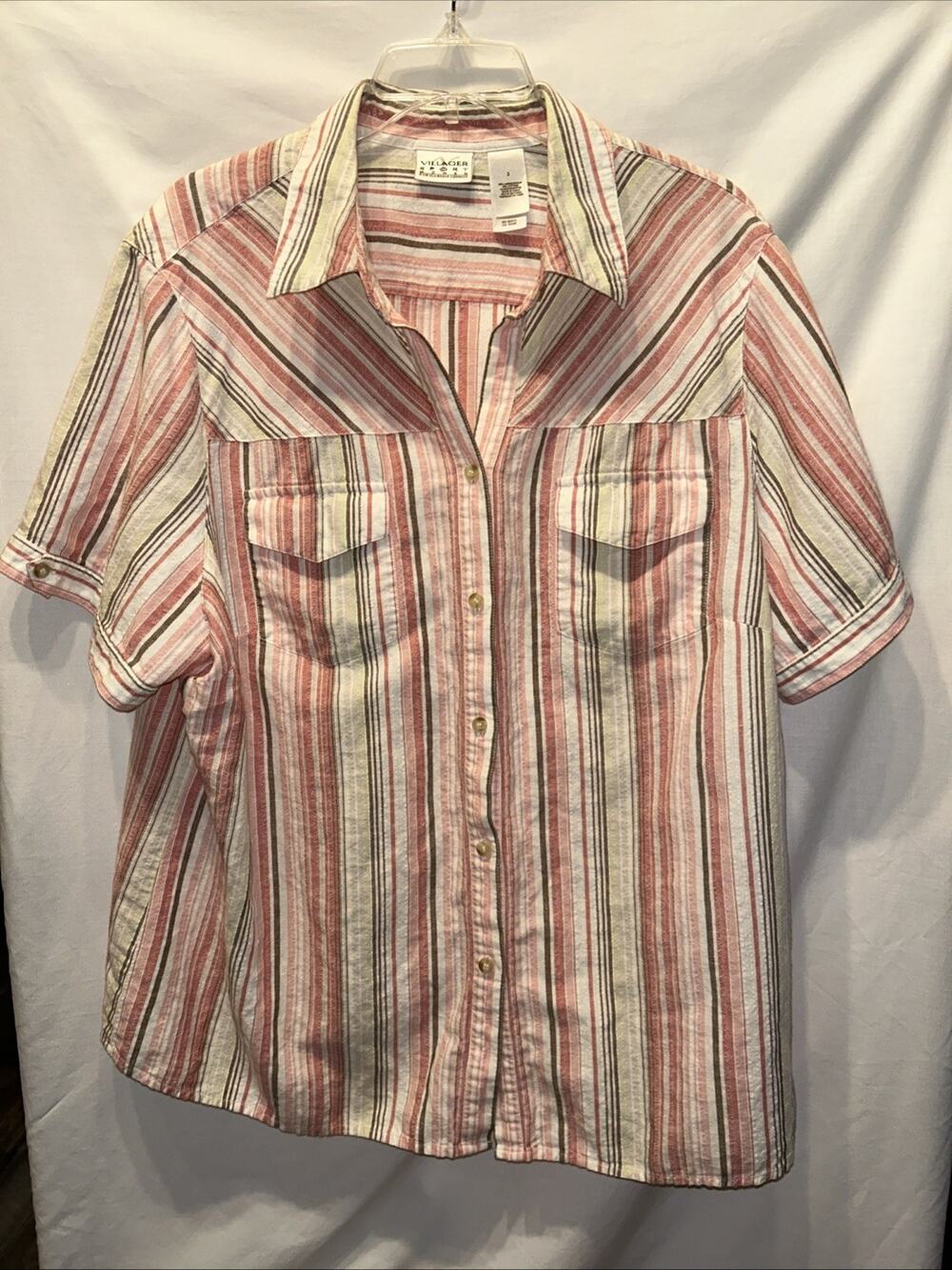 Villager Sport Woman 3x Liz Claiborne Linen Blend Stripe Button Down Shirt